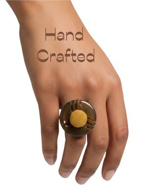 Hand Crafted 1970s Brown Resin Tan Fabric Buttons Adjustable Ring NWT OS